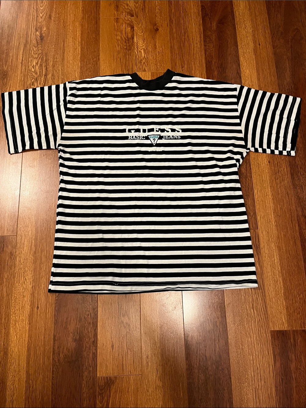 Vintage 90’s Guess Black and White Striped Short Sleeve Tee with Center Logo